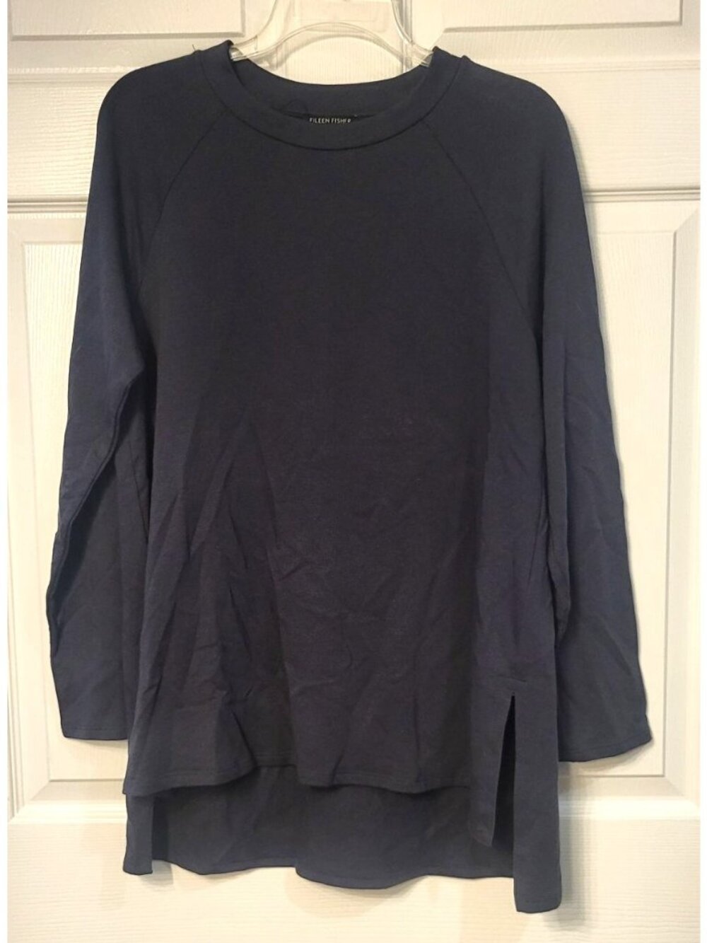 Eileen Fisher Blue Tencel Blend Long Sleeve Sweatshirt S Split Hem Raglan Sleeve